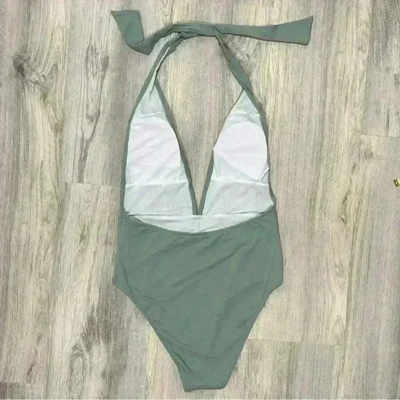 We Wore What Sage Green Brooklyn Halter One Piece Swimsuit Plunge Bow Size L - Picture 3 of 7